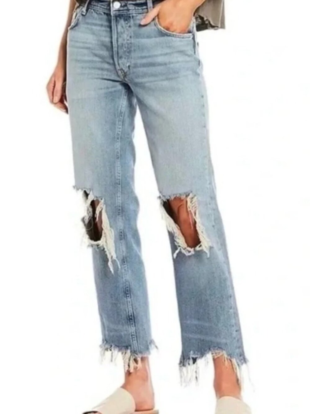 Free People- We The Free- Distressed Ripped Knee Jeans Size 28 Light Wash